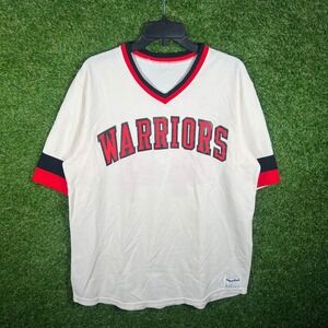 Vintage Sand-Knit MacGregor Warriors Jersey 44 Cream Red Black Mens Large USA